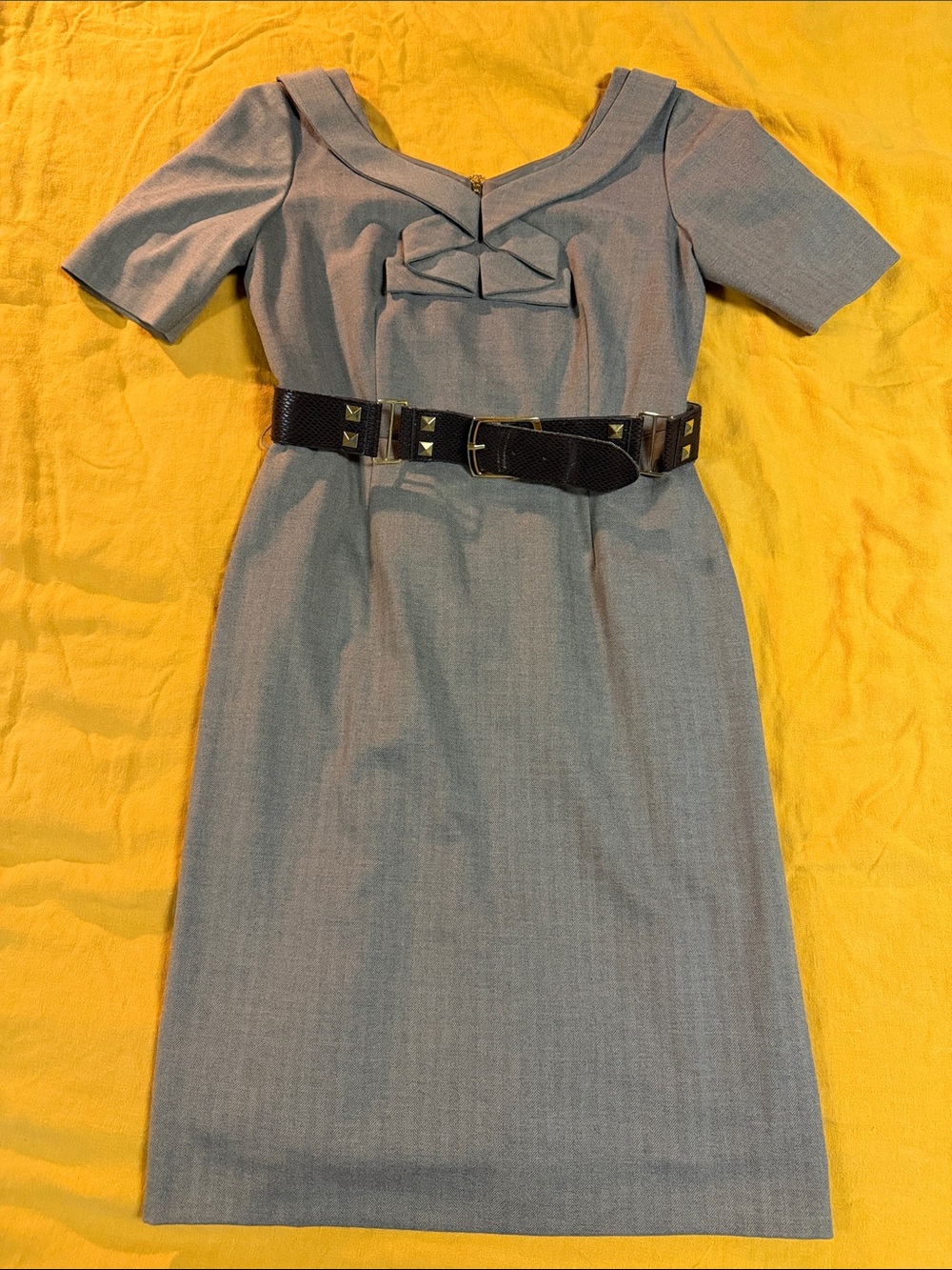 ANTONIO MELANI Taupe Midi Sheath Dress with Front Bow